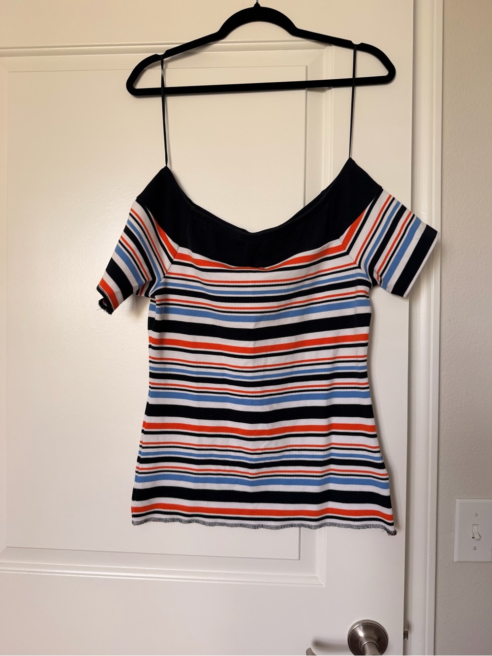Michael Kors Navy, White & Orange Striped Off-Shoulder Crop Top